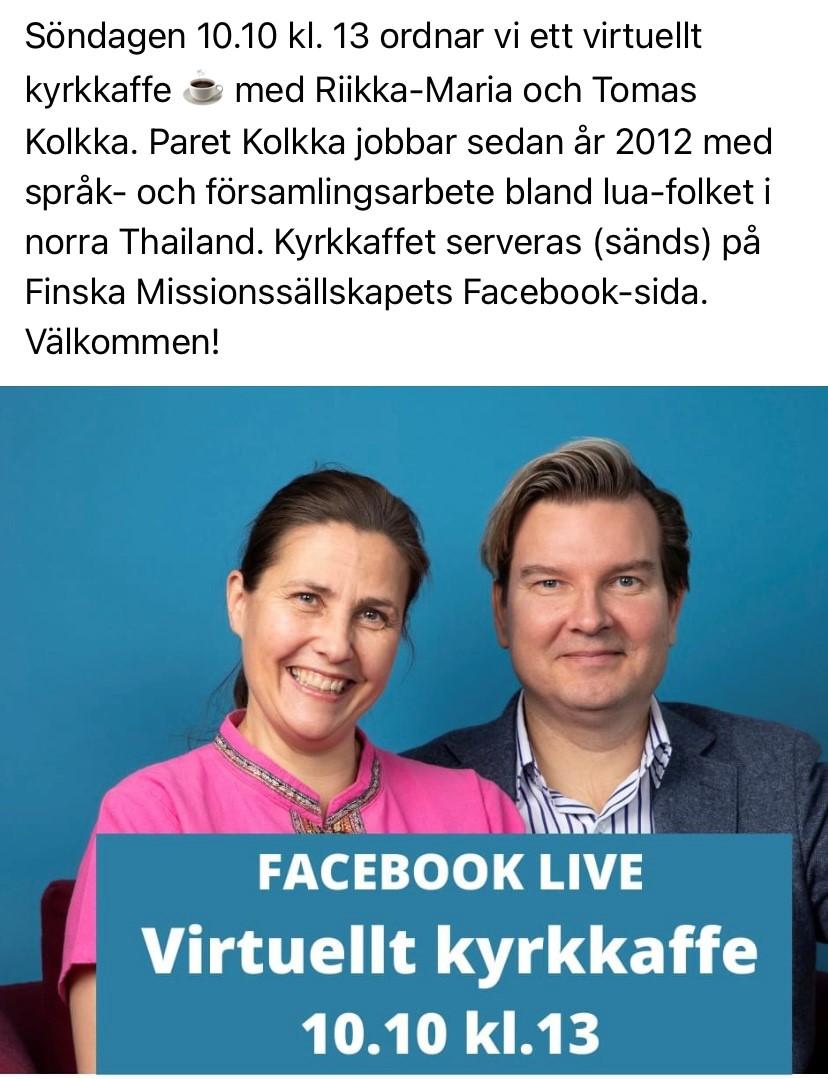 virtuellt kyrkkaffe på Finska Missionssällskapets Facebook-sida
